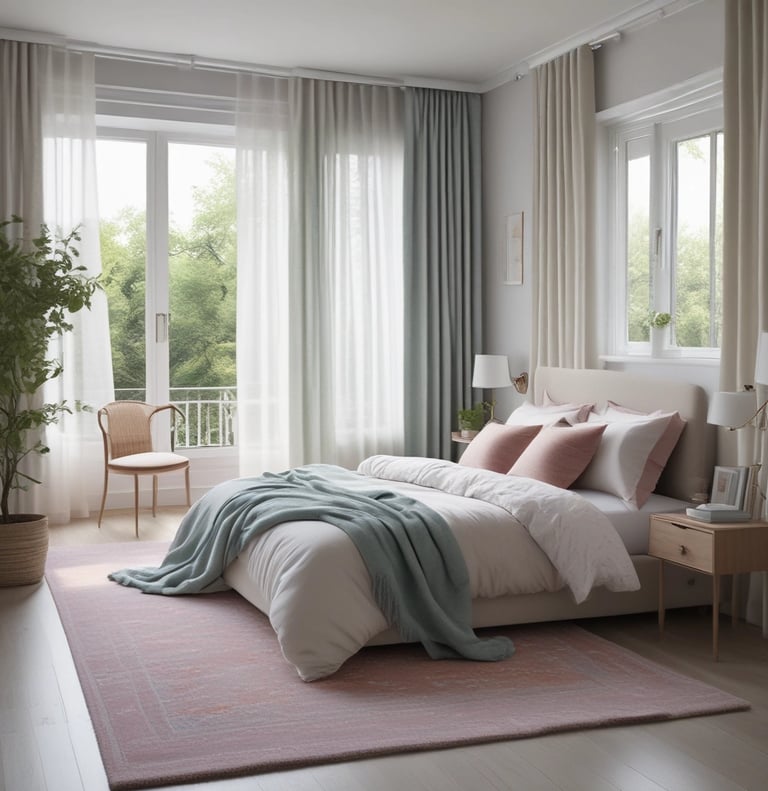 Modern bedroom with neutral decor, pink rug, and sage green throw blanket near large windows.