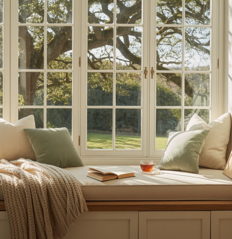 An under-stair reading bench nook with soft lighting, cushions, shelves, making the tucked space fee