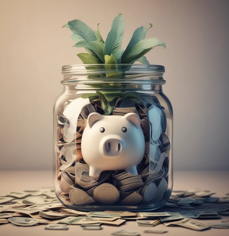 A hand holding a smartphone in front of a wooden background. The phone screen displays a financial investment application with the text 'The smartest thing to do with your money'. Below it, there are illustrations of stacked coins and a call-to-action button labeled 'Start investing'.
