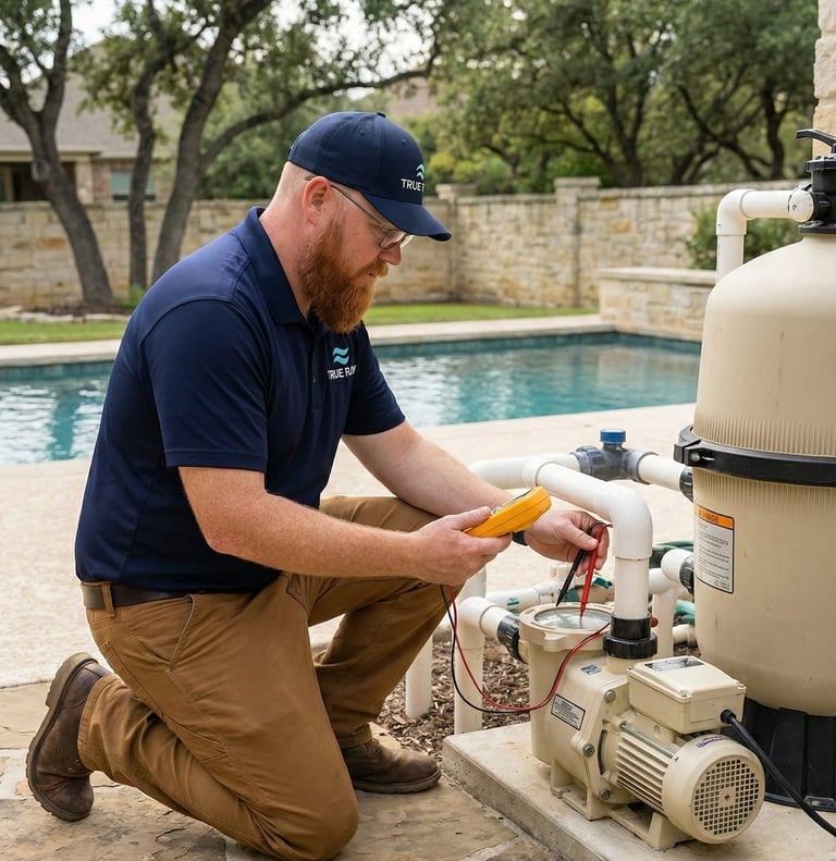 True Flow Pool Solutions technician performing pool equipment troubleshooting in Austin, Texas