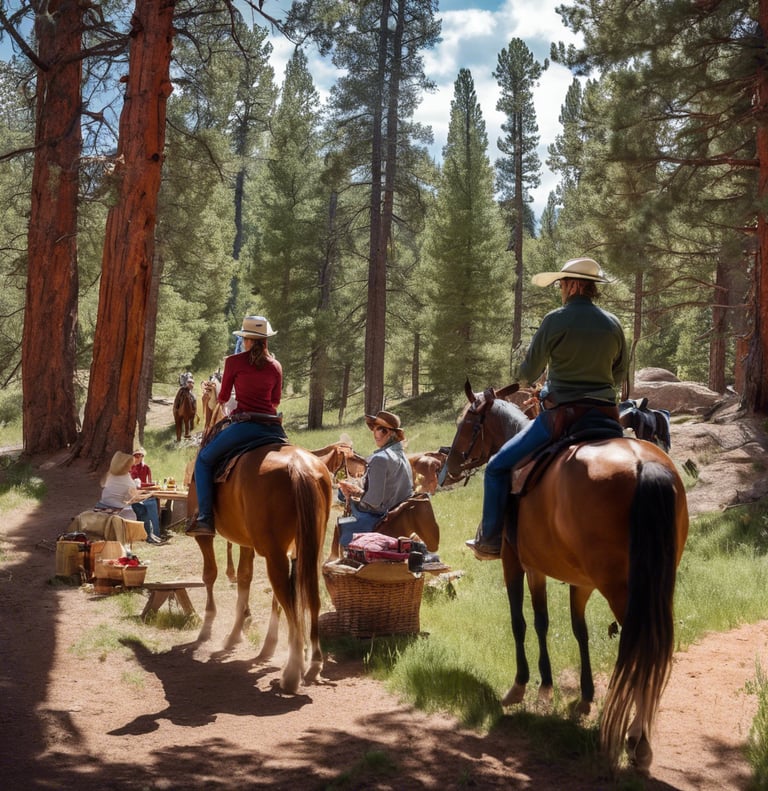 a man and woman riding horses in the woods