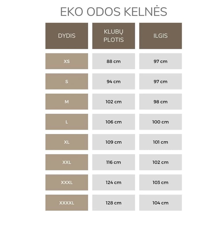 EKO odos kelnių dydžių lentelė