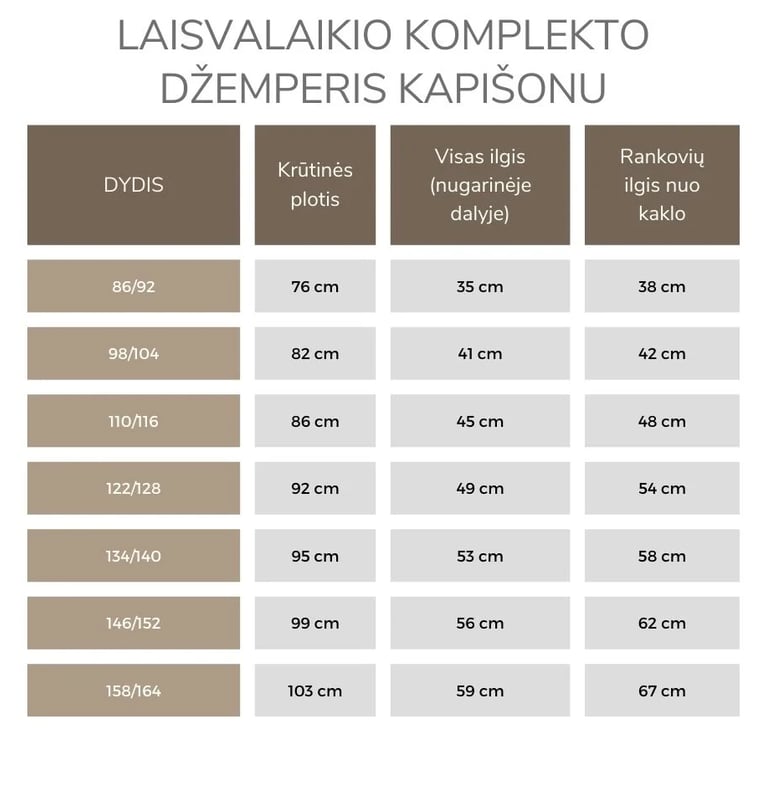 Laisvalaikio komplekto džemperio išmatavimai