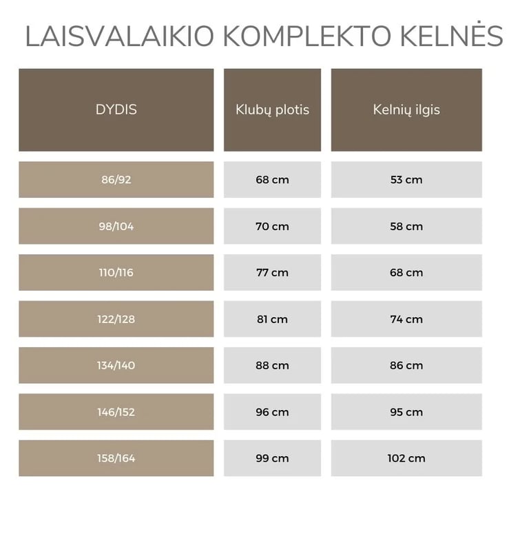 Laisvalaikio komplekto kelnių išmatavimai