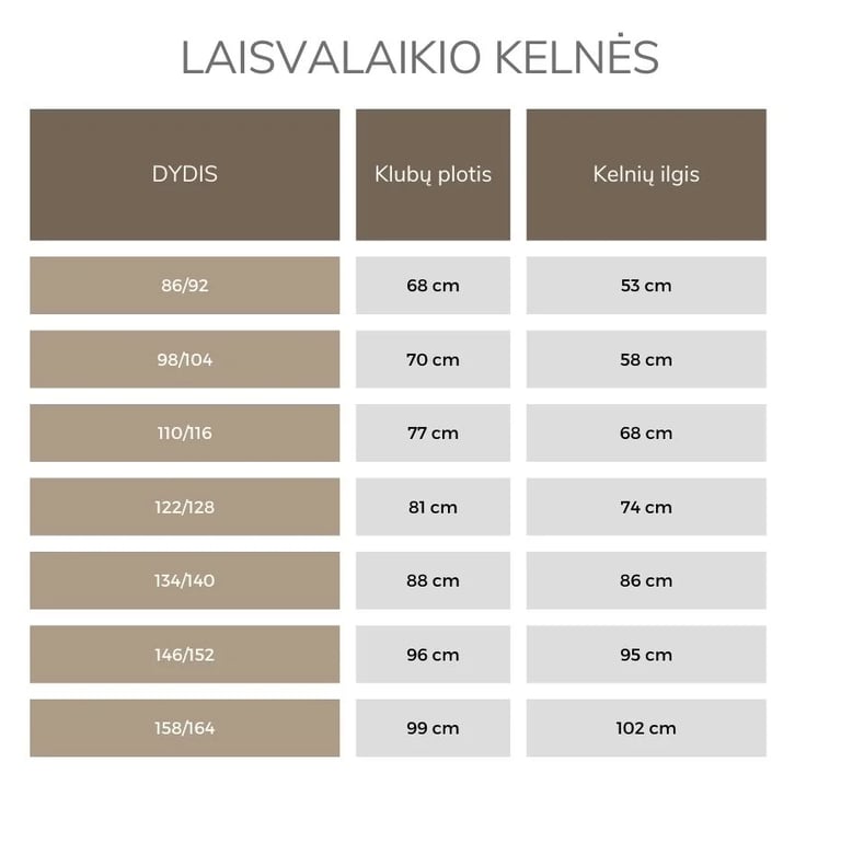 Klasikinio kirpimo laisvalaikio kelnių dydžių lentelė