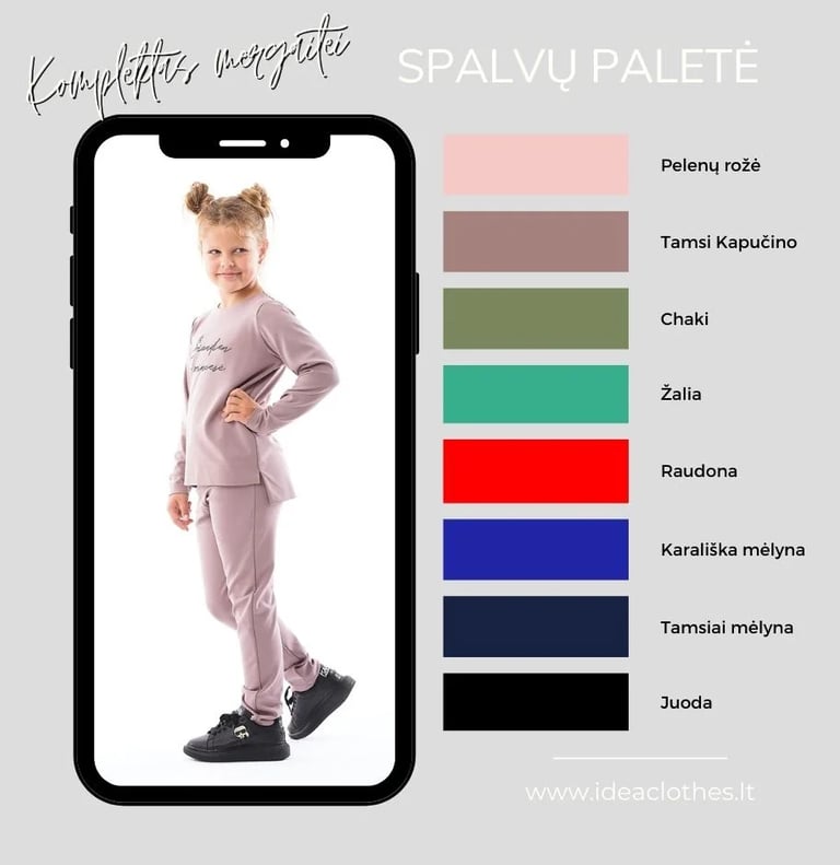 Mergaitė kapučino spalvos komplektu. Audinio spalvų paletė