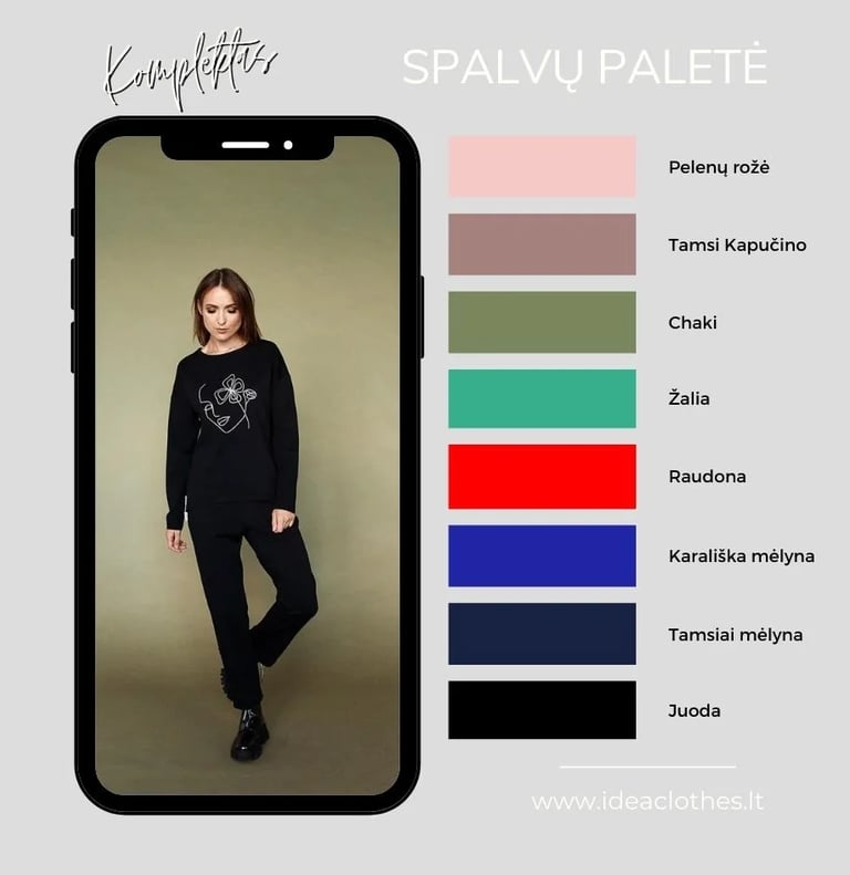Moteris juodos spalvos kompletu (palaidinė ir kelnės). Pateikta audinio spalvų paletė.