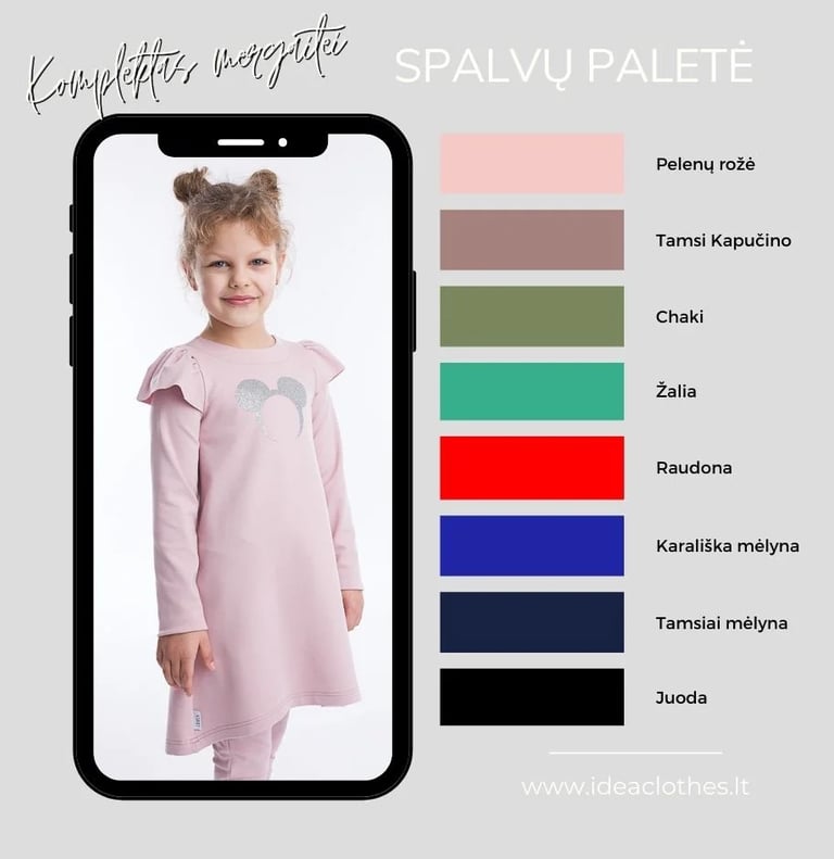 Mergaitė šviesiai rožinės spalvos kompletu (tunika ir kelnės). Pateikta audinio spalvų paletė.