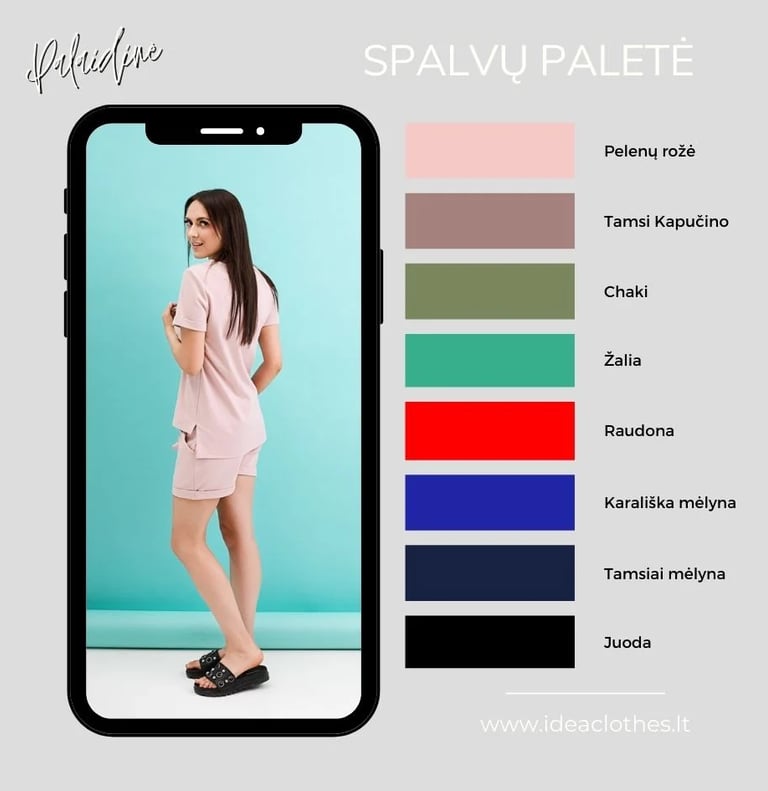 Moteris šviesiai rožinės spalvos kompletu (palaidinė ir šortai). Pateikta audinio spalvų paletė.