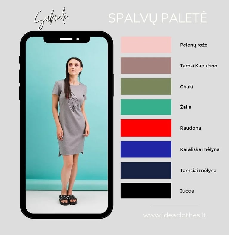Moteris pilka suknele. Pateikta audinio spalvų paletė.
