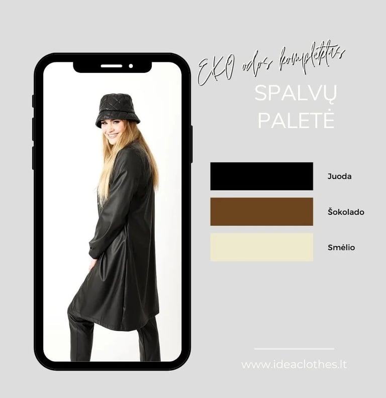Moteris juodu EKO odos kompletu (kelnėmis ir švarku). Pateikta EKO odos audinio spalvų paletė - juoda, šokolado ir smėlio spa