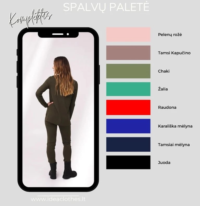 Moteris chaki spalvos kompletu (palaidinė ir kelnės). Pateikta audinio spalvų paletė