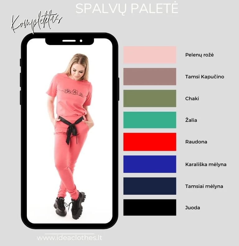Moteris koralo spalvos kompletu (palaidinė ir kelnės). Pateikta audinio spalvų paletė.