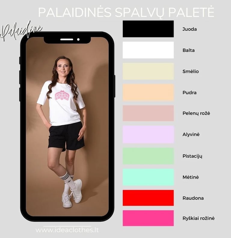 Moteris baltos spalvos palaidine. Pateikta audinio spalvų paletė