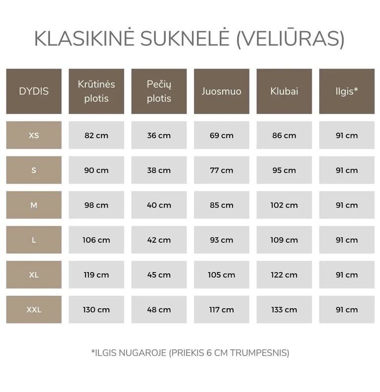Moteriškos suknelės išmatavimai