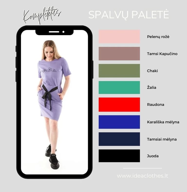 Moteris alyvinės spalvos komplektu (palaidinė ir sijonas). Pateikta audinio spalvų paletė
