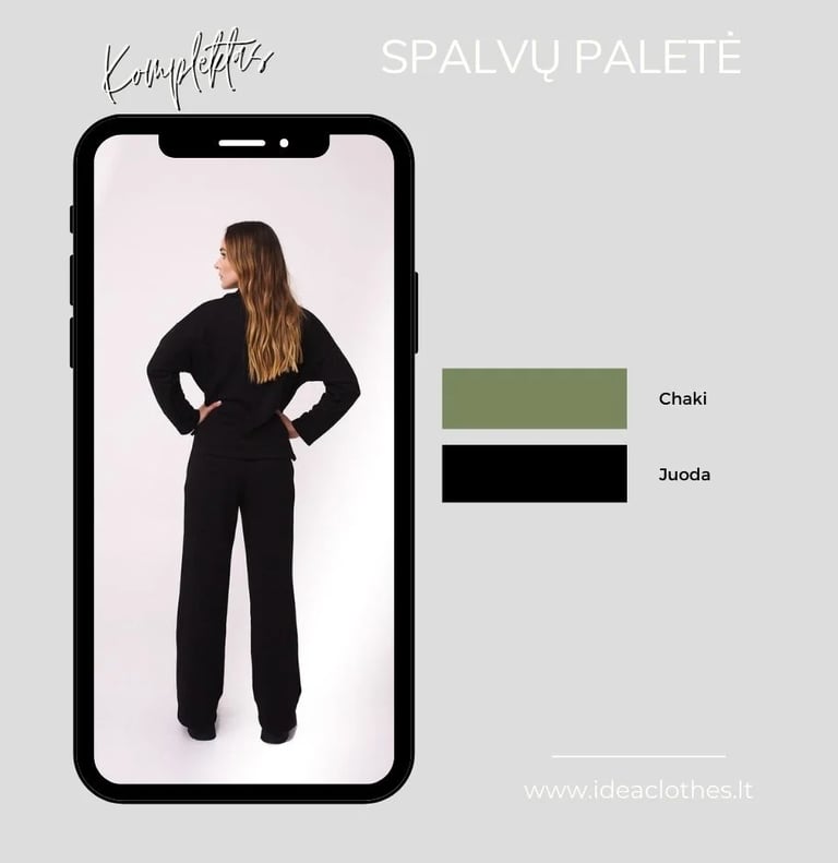 Moteris juodos spalvos kompletu (palaidinė ir kelnės). Pateikta audinio spalvų paletė.