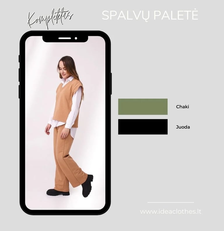 Moteris camel spalvos kompletu (palaidinė ir kelnės). Pateikta audinio spalvų paletė.