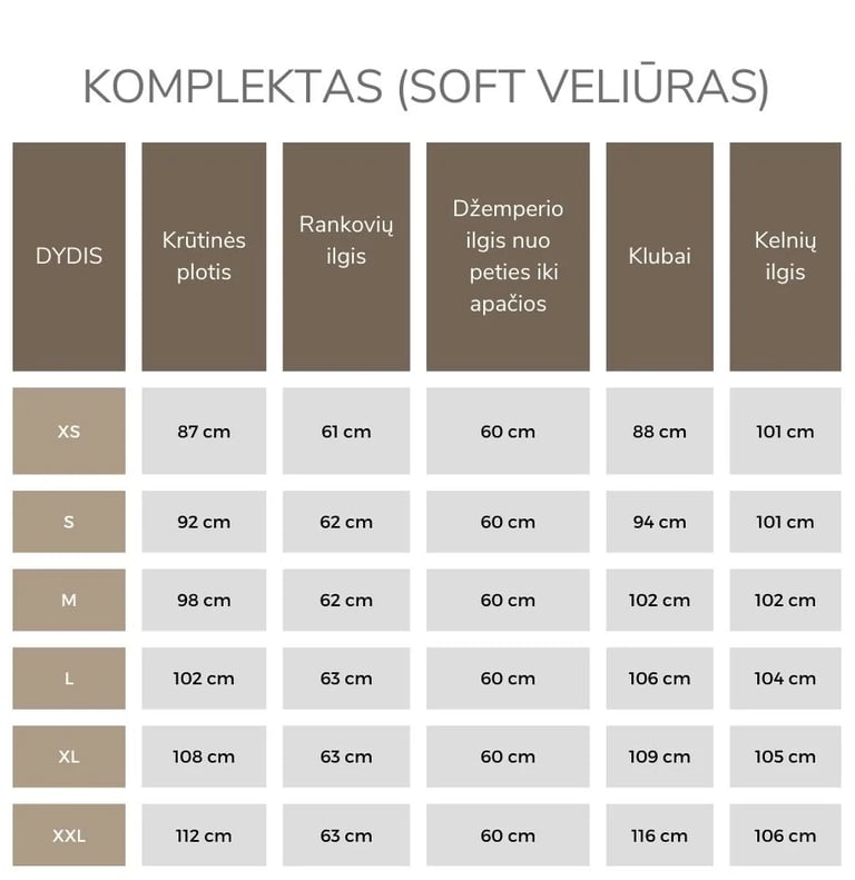 Laisvalaikio komplekto išmatavimai