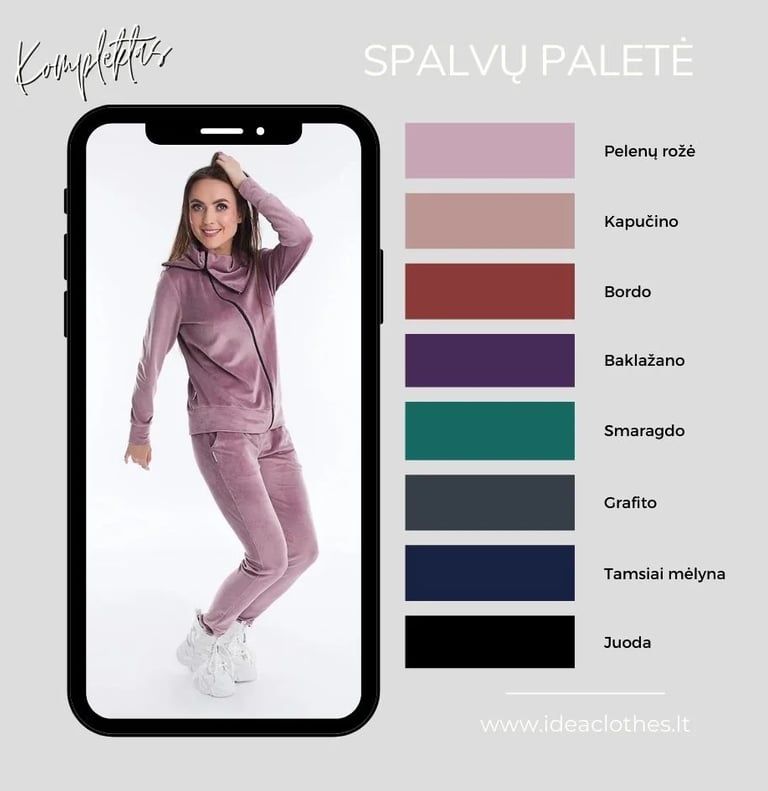 Moteris pelenų rožės spalvos kompletu (džemperis su užtrauktuku ir kelnės). Pateikta audinio spalvų paletė.