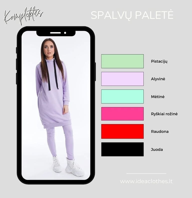 Moteris alyvinės spalvos komplektu (tunika ir tamprės). Pateikta audinio spalvų paletė.