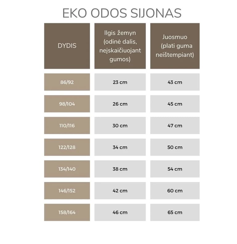 EKO odos sijono dydžių lentelė