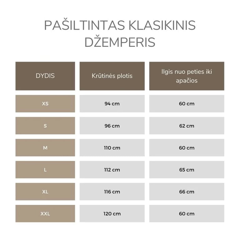 Laisvalaikio džemperio išmatavimai