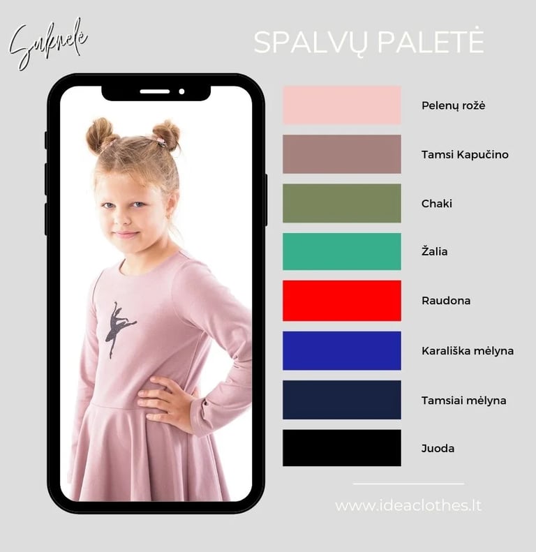 Mergaitė pelenų rožės spalvos suknele. Audinio spalvų paletė
