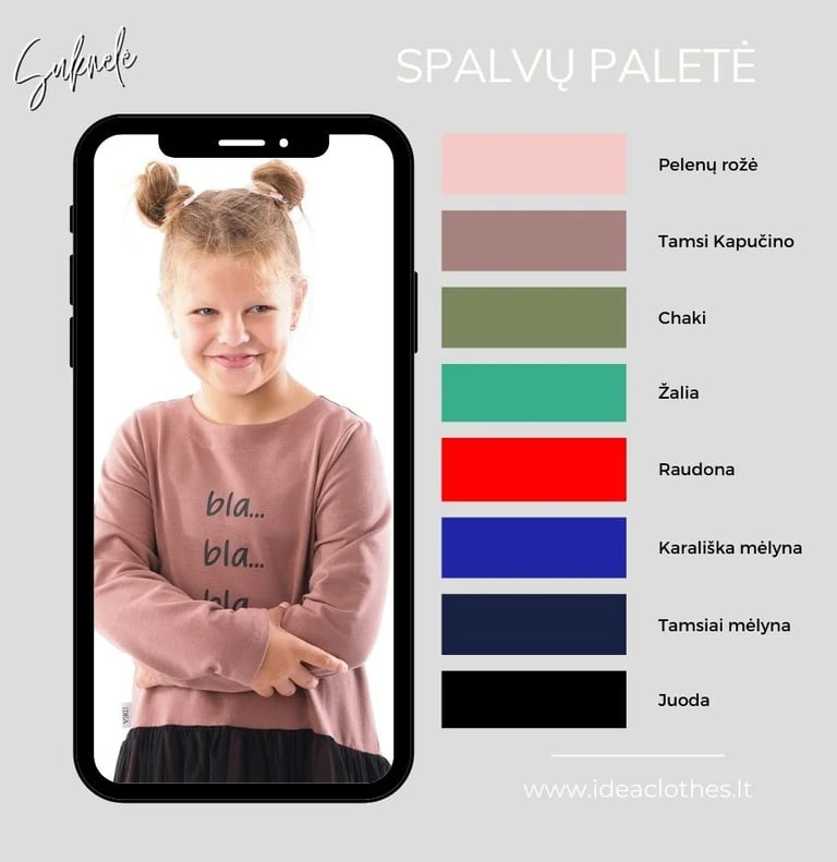 Mergaitė tamsiai kapučino spalvos suknele. Audinio spalvų paletė