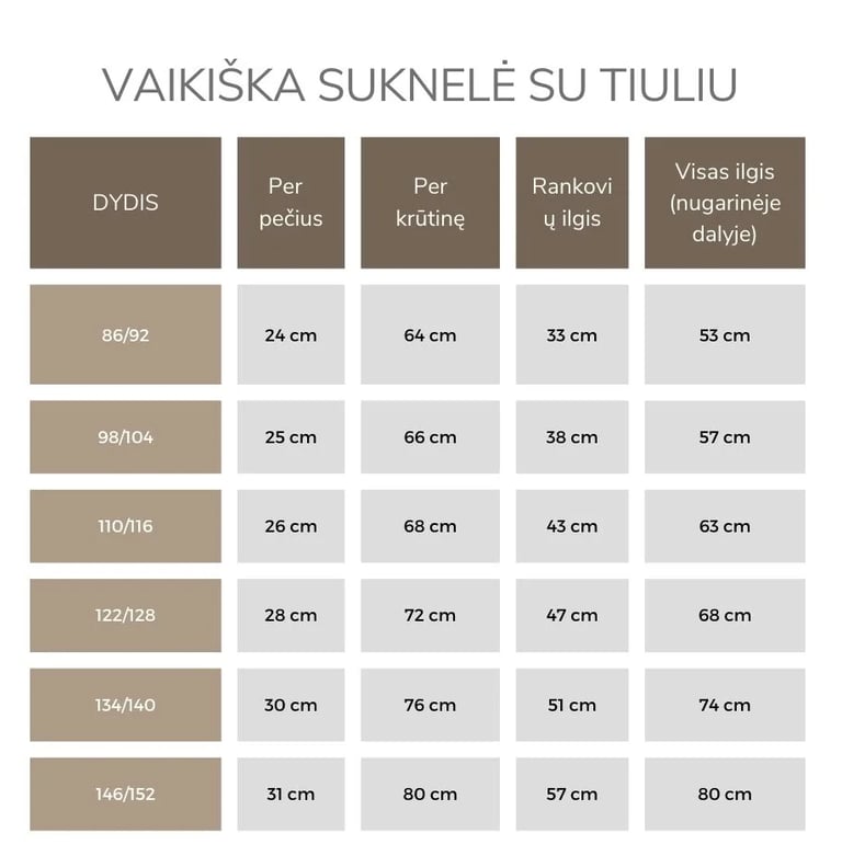 Vaikiškos suknelės išmatavimai