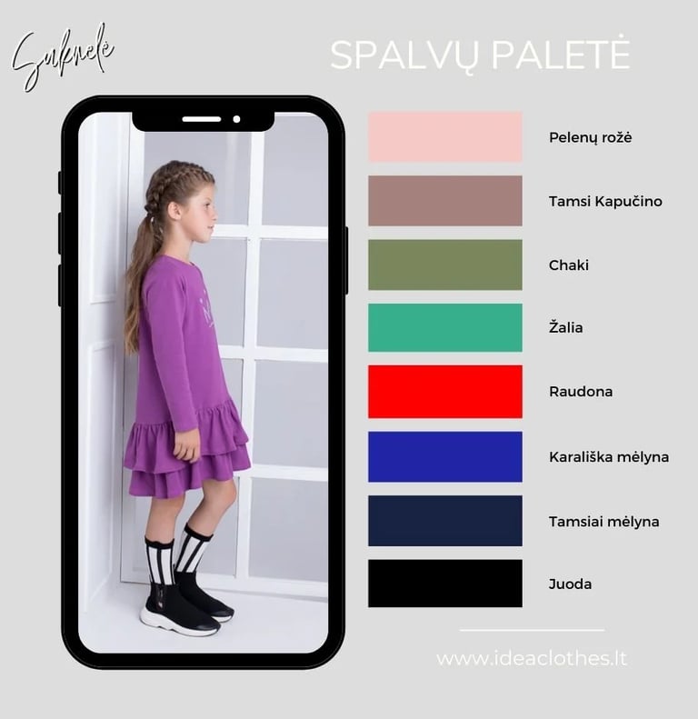 Mergaitė violetinės spalvos suknele. Audinio spalvų paletė