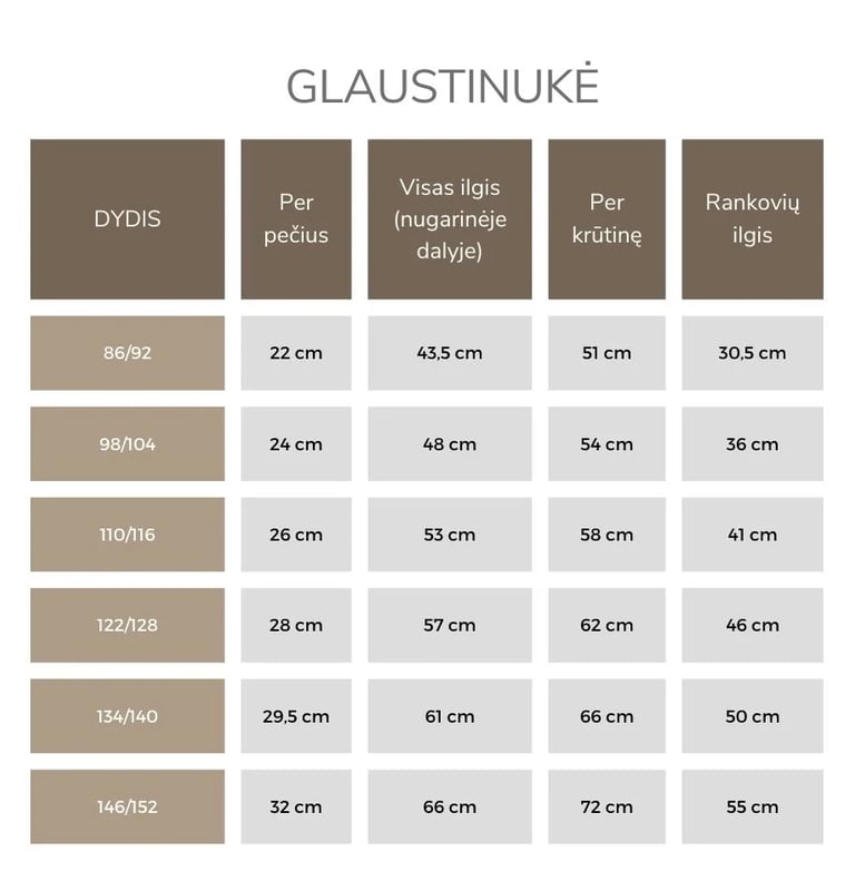 Glaustinukės dydžių lentelė