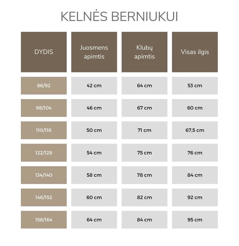 Mokyklinių kelnių dydžių lentelė