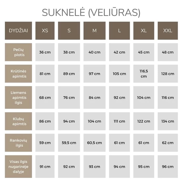 Veliūro suknelės išmatavimai