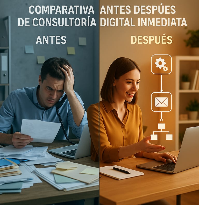 Transformación empresarial antes y después de consultoría digital inmediata disponible
