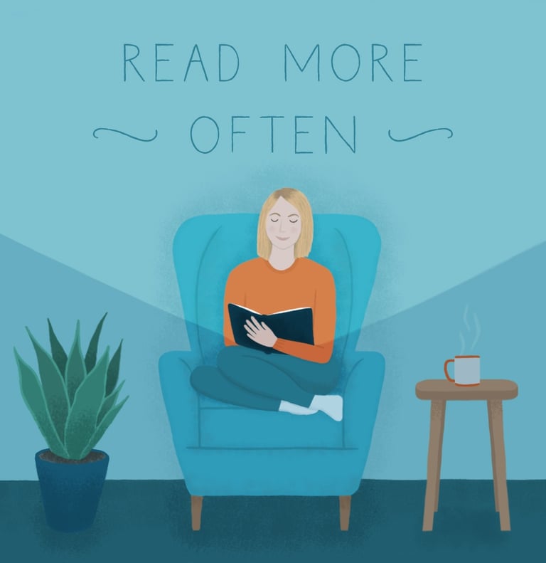 An illustration of a woman reading a book in an armchair with a cup of tea on a stool next to her.