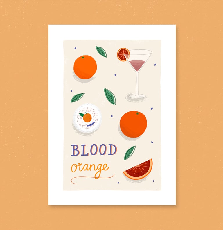 An A4 poster of blood oranges and a cocktail glass.
