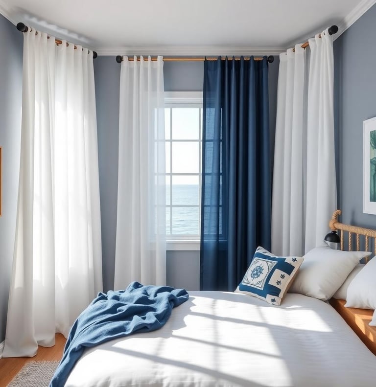 a nautical bedroom with Sheer White Curtains