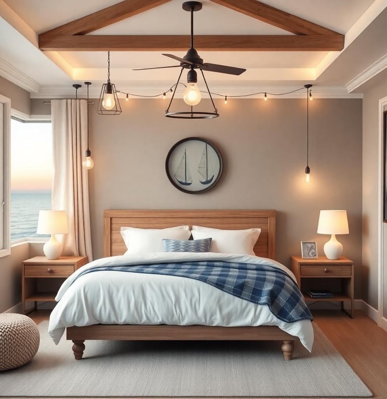a nautical bedroom with a bed and hanging lights