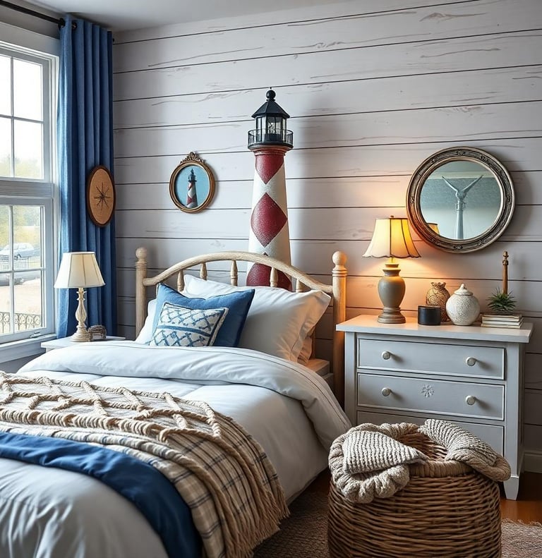 a nautical bedroom with a bed and a lighthouse