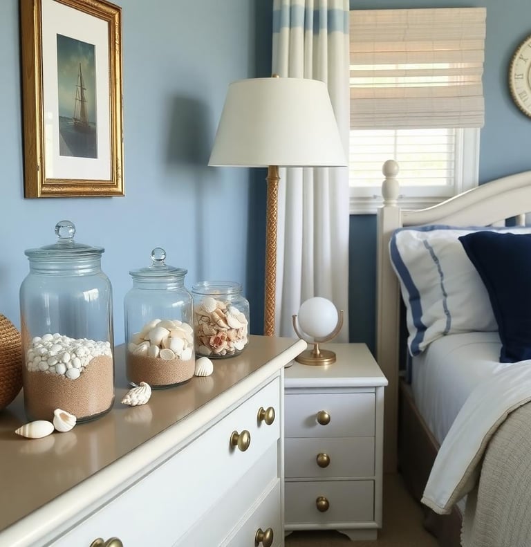 a bedroom a nautical bedroom with a bed, dresser, and a lamp and seashells