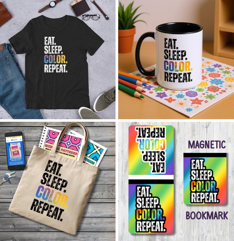 t-shirt, mug, tote bag, and magnetic bookmark with phrase "EAT.SLEEP.COLOR.REPEAT."