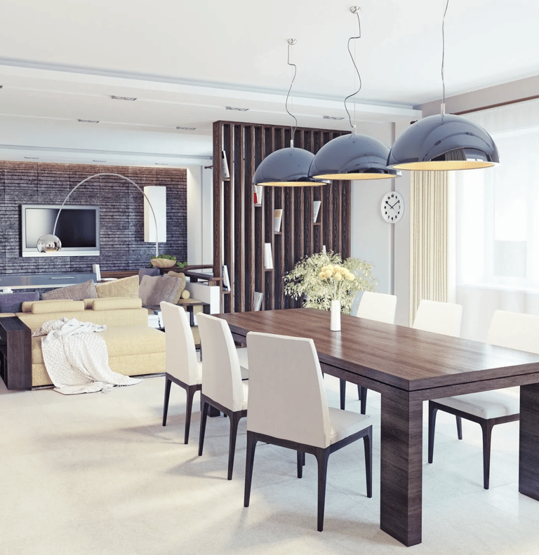 a dining room with a table and chairs