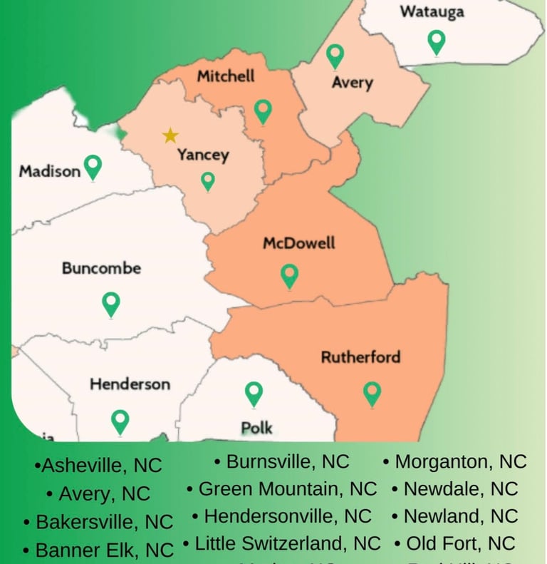 Service area map for Jack's Locksmith showing Western North Carolina counties and towns served
