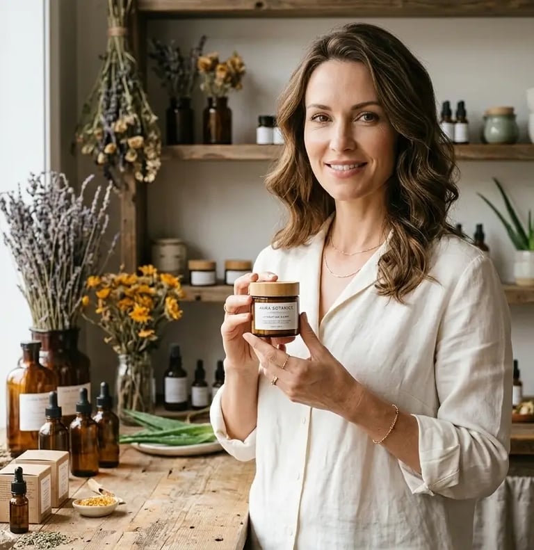 Mulher sorridente segurando um frasco de cosmético orgânico para cuidados com a pele, em uma botica 