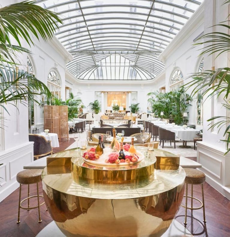 Palm Court Lounge – Elegant glass-roofed dining space with lush greenery and a golden champagne bar.