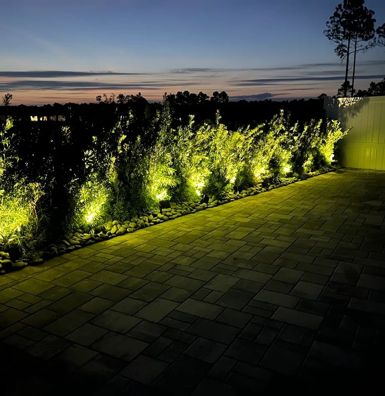 Illuminated backyard landscape with low voltage stone path lighting and uplighting on garden hedges.