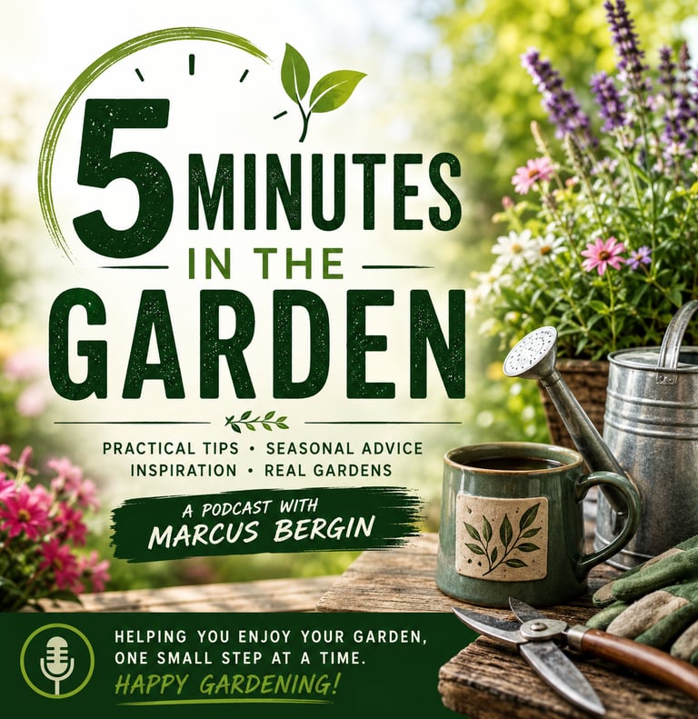 Podcast cover art for 5 Minutes in the Garden with Marcus Bergin featuring garden tools and flowers.