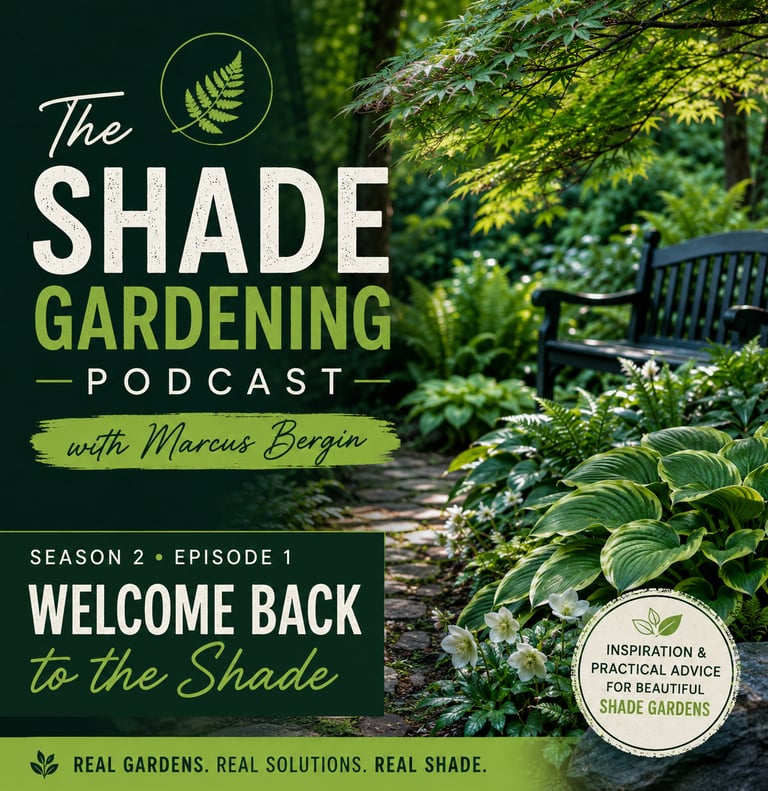 The Shade Gardening Podcast cover featuring host Marcus Bergin with a lush hosta garden and wooden bench.