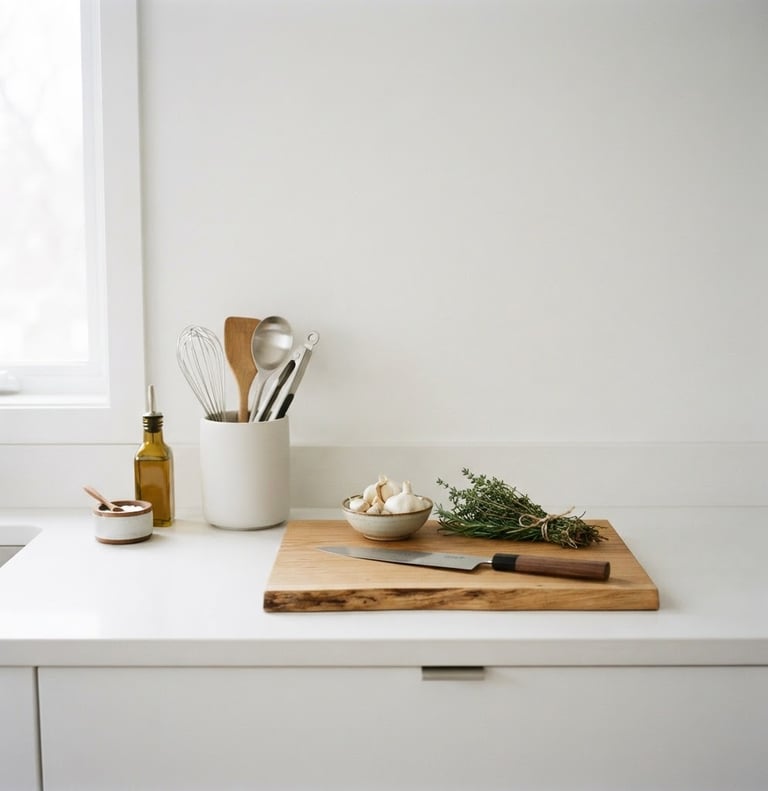 Wide shot of a minimalist, organized kitchen counter with unbranded, high-quality kitchen tools, clean natural daylight, soft shadows, crisp white background, 50mm